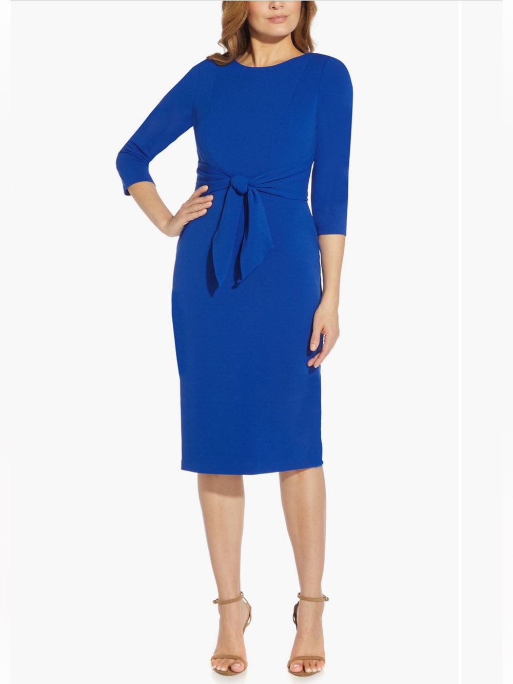 ADRIANNA PAPELL Royal Blue Long Sleeve Midi Stretch Dress Tie at Waist 14 NWOT
